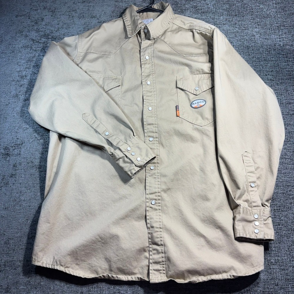 Rasco FR Work Shirt Mens 2XL Khaki Flame Resistant Snap Front FR750 Cotton